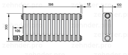 Схема (чертеж) Радиатор Zehnder Charleston 3030/13 №V003 Белый глянцевый RAL 9016
